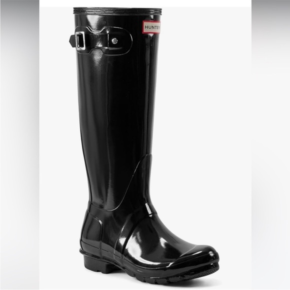 Hunter | Women’s Black Glossy Knee-High Winter Rain Boots Adjustable Side Straps - Picture 3 of 16